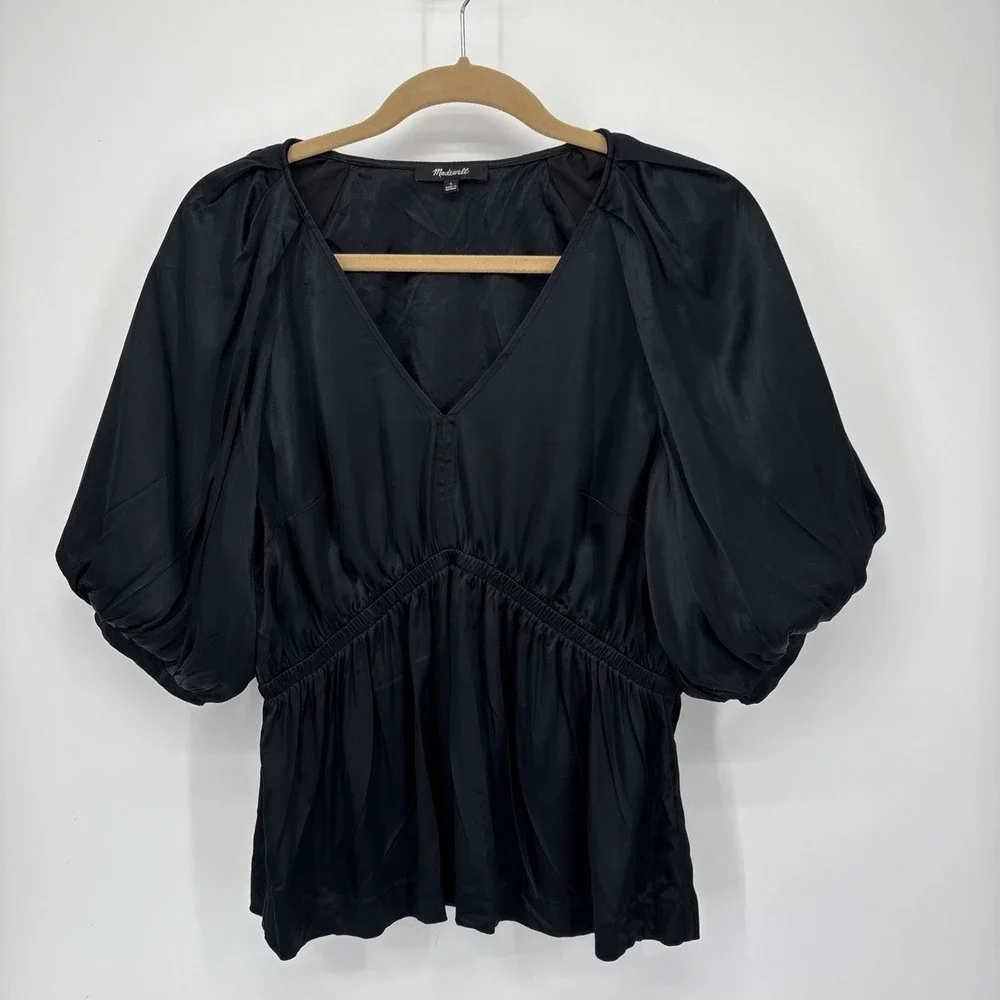 Madewell Shirred Puff-Sleeve Satin Top Large Black Kathleen Witchy Ren Faire